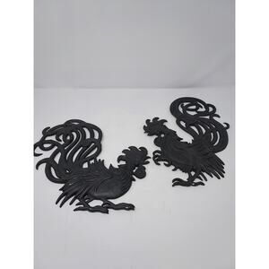 Rooster Wall Hangings Metal Set of 2 Black Farmhouse Kitchen Country USA Made